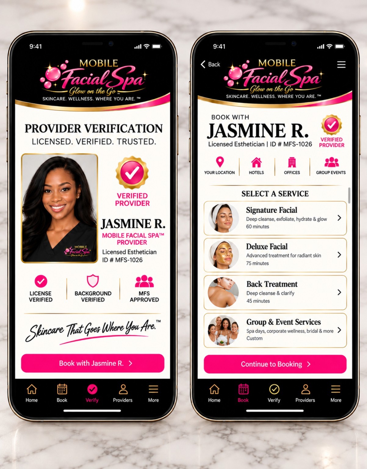 Mobile Facial Spa provider verification and booking microsite